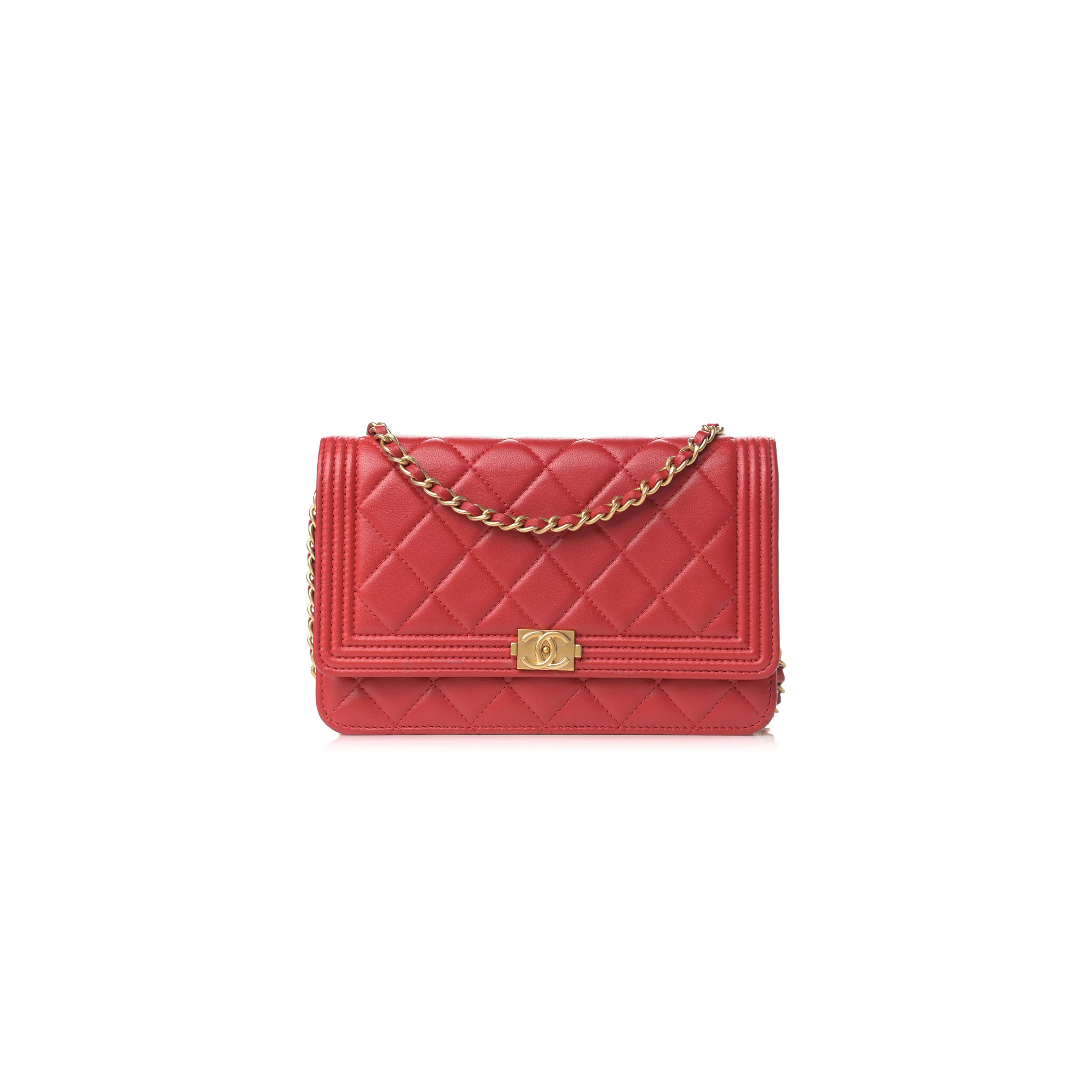 CHANEL LAMBSKIN QUILTED BOY WALLET ON CHAIN WOC RED (19*12.5*3.5cm)
